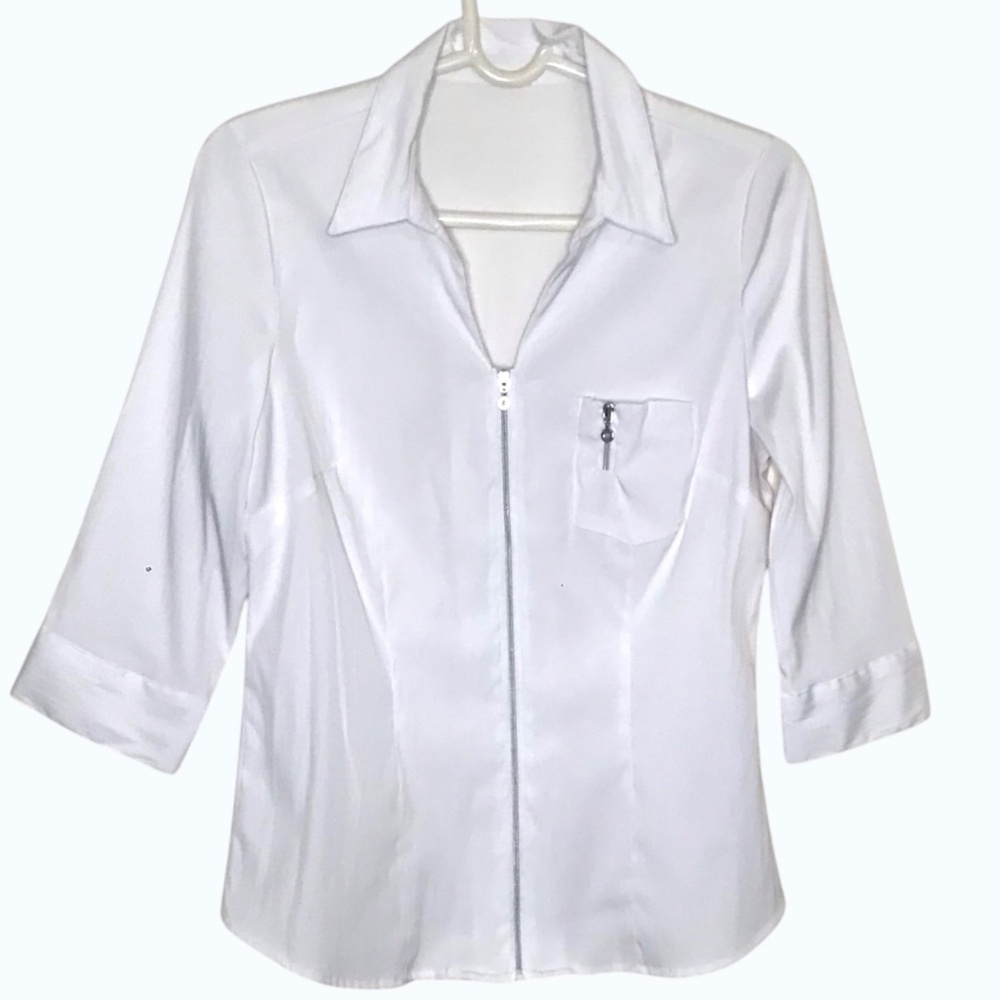 White Satin Zip Front Blouse Collared  Stretchy Women Top